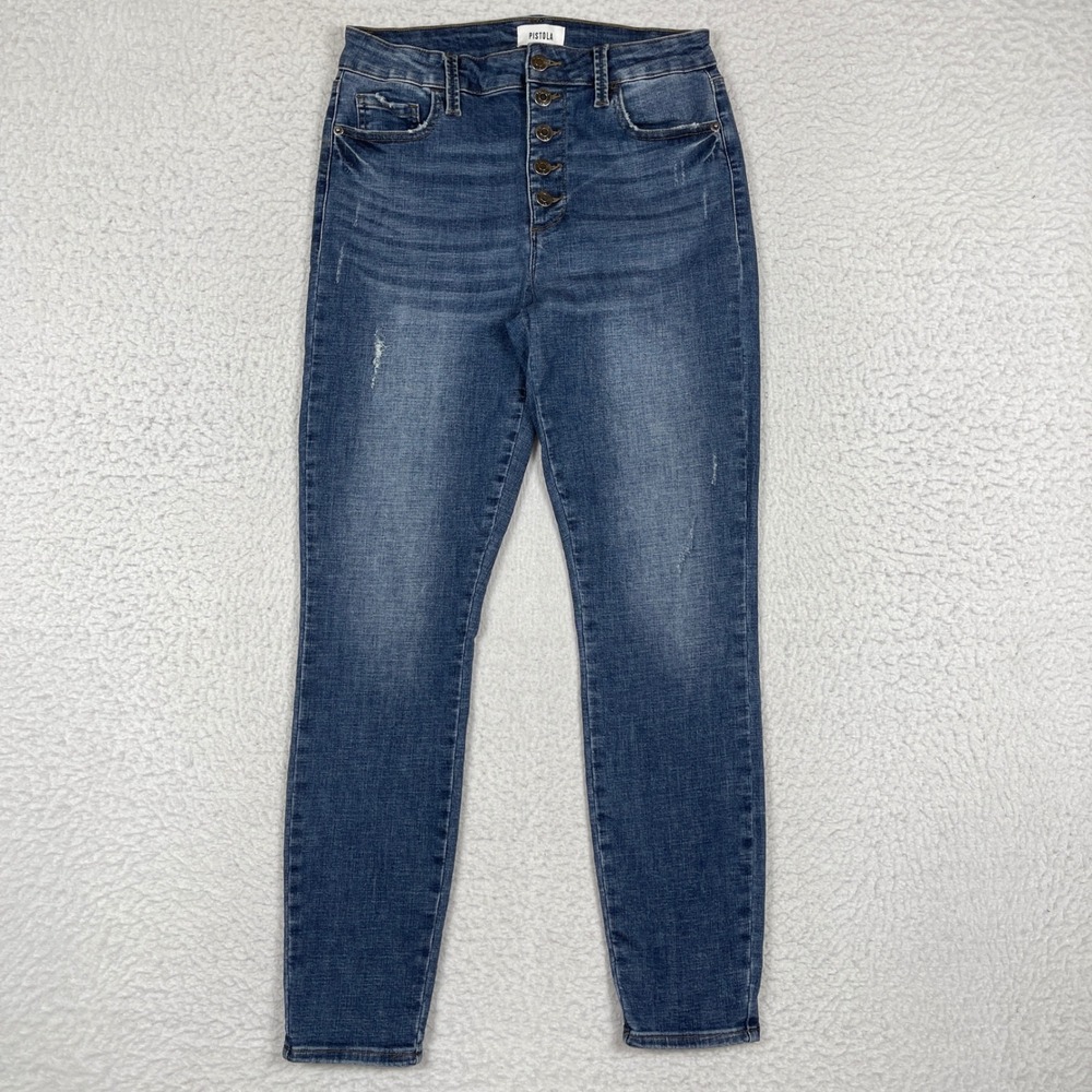 Pistola Skinny Jeans Womens 28 Blue High Rise Button Fly Distressed P6635MTW-SYB